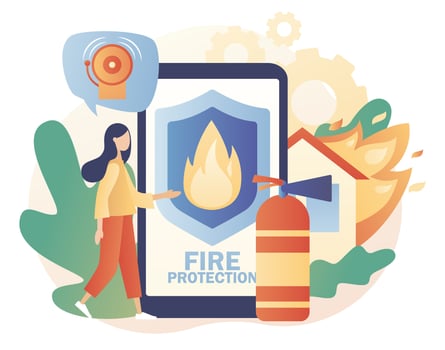 Tiny woman with fire prevention smartphone app. Fire protection concept. Fire Alarm online. Firefighters rescuer. Modern flat cartoon style. Vector illustration on white background