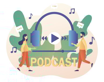 Large headphones and tiny people listening audio podcast. Online training, radio show or audio blog. Podcasting. Modern flat cartoon style. Vector illustration on white background