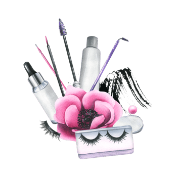 Cosmetics and brushes for eyes and eyebrows, tubes with pink anemone flowers. Watercolor illustration hand drawn. Isolated composition png