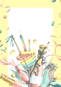 Vertical birthday card with pink champagne, balloons, gifts, confetti, flags, cake. Watercolor illustration, hand drawn. Frame template for text png