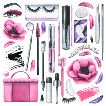Set of professional cosmetics and pink bag tools for makers of lamination, painting eyelashes and eyebrows. Watercolor illustration, hand drawn. Isolated objects png