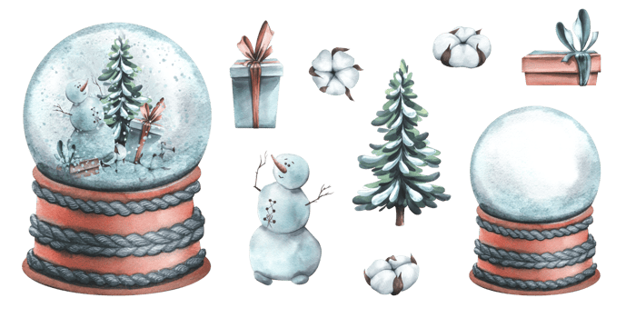 Glass snow globe on a knitted stand with a snowman, Christmas tree, gift boxes, cotton flowers. Watercolor illustration, hand drawn. Set of isolated clip art elements png