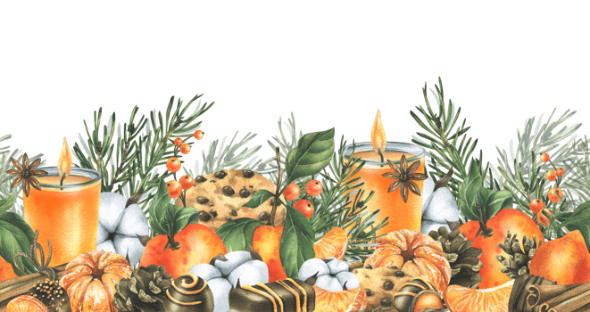 Christmas decor with tangerines, candle, champagne, sweets and pine branches. Watercolor illustration, hand drawn. For congratulations and holiday. Horizontal seamless garland png