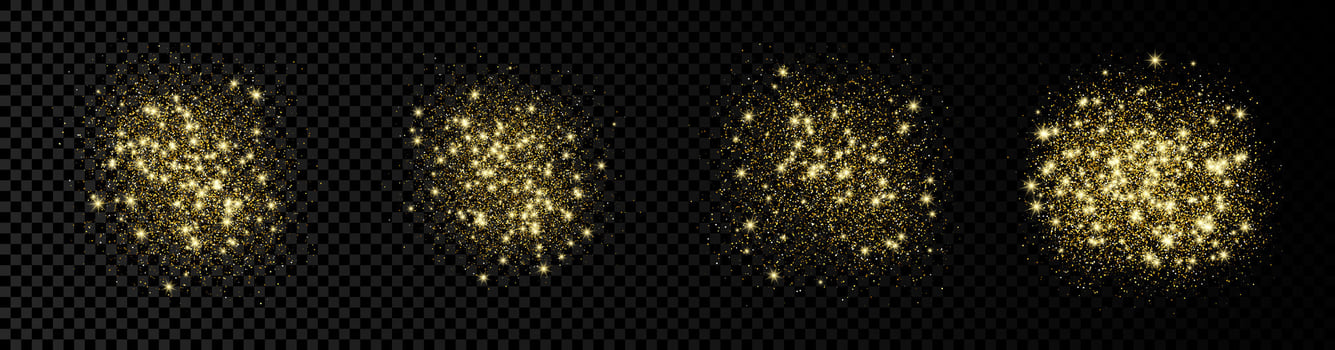 Set of four golden glittering backdrops on a dark background. Background with gold glitter effect and empty space for your text. Vector illustration
