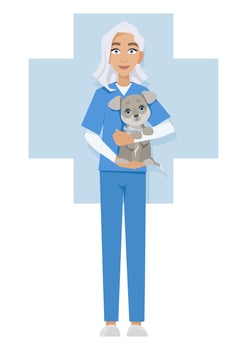 Woman veterinarian holding a dog in her arms vector