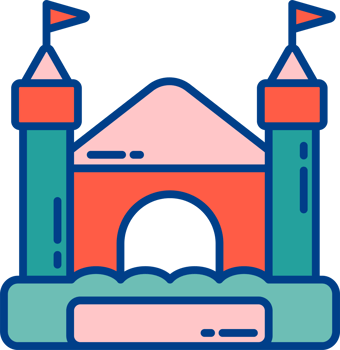 Bouncy inflatable castle. Trampoline pictogram for jumping game. Colorful illustration png