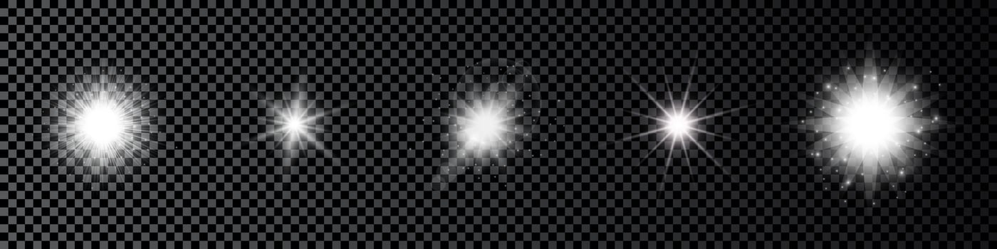 Light effect of lens flares. Set of five white glowing lights starburst effects with sparkles vector