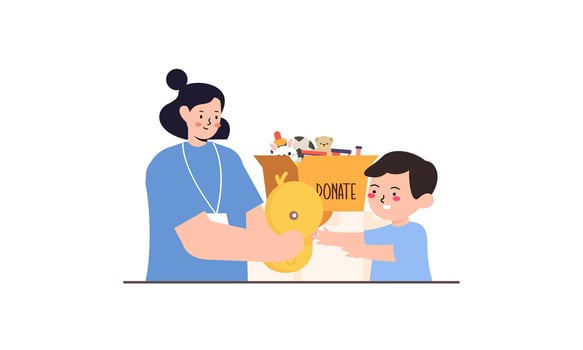 Donation and charity concept sorting donated toys into boxes for poor children illustration vector