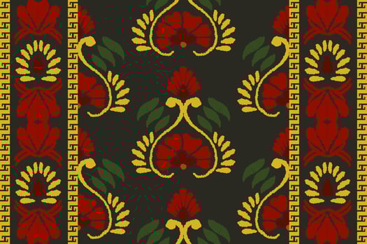 Ikat floral embroidery pattern on black background. Traditional ikat, aztec abstract vector pattern, seamless pattern in tribal, folk embroidery and mexican style.
