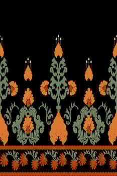 Ikat floral embroidery pattern on black background. Traditional ikat, aztec abstract vector pattern, seamless pattern in tribal, folk embroidery and mexican style.