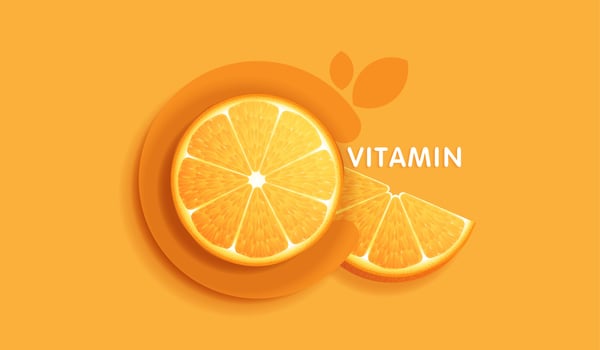 Drop water vitamin c orange and structure. vitamin solution complex with chemical formula from nature. beauty treatment nutrition skin care design. medical and scientific concepts for cosmetic. vector