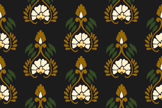 Ikat floral embroidery pattern on black background. Traditional ikat, aztec abstract vector pattern, seamless pattern in tribal, folk embroidery and mexican style.
