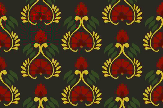 Ikat floral embroidery pattern on black background. Traditional ikat, aztec abstract vector pattern, seamless pattern in tribal, folk embroidery and mexican style.