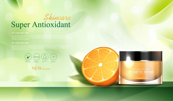 Cosmetics vitamin C or skin care product ads with bottle, realistic package mockup. banner ad for beauty products and orange background. vector design.
