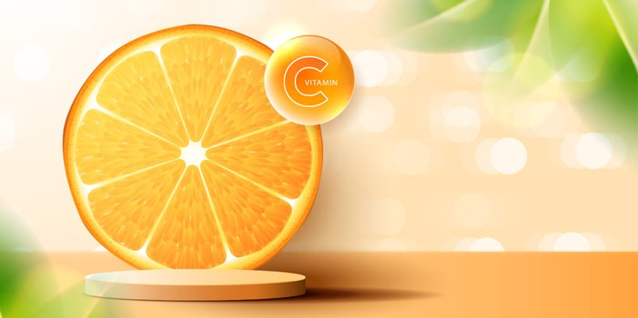 Cosmetics vitamin C or skin care product ads with bottle, realistic package mockup. banner ad for beauty products and orange background. vector design.