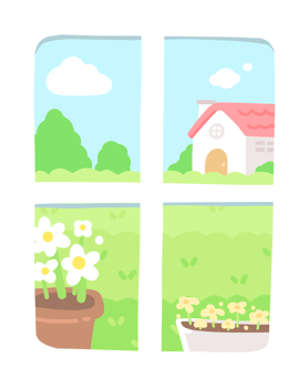 Cute White Window with a Country Side House Flower View Landscape Hand drawn Illustration Cartoon png