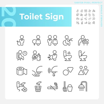 Toilet sign pixel perfect linear icons set. Public restroom marking symbols. Water closet rooms hygiene. Customizable thin line symbols. Isolated vector outline illustrations. Editable stroke
