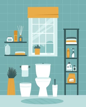 Toilet design with toilet bowl, shelves and household chemicals vector