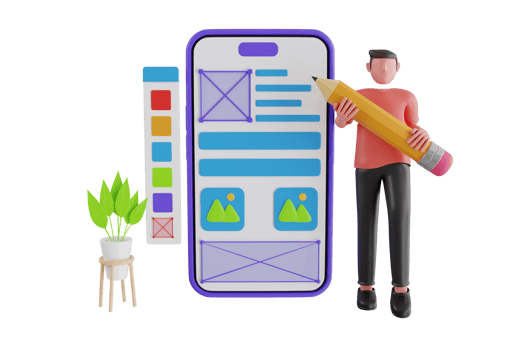 UX UI design concept with character and text place. man creates a custom design for a mobile application, Ui UX design. 3d illustration png