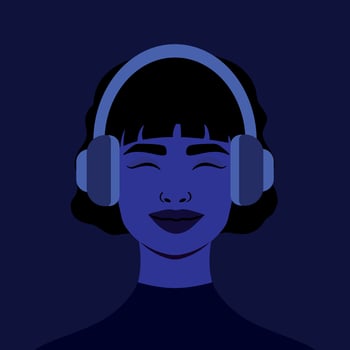 Beautiful smiling girl in headphones. Listen to a music. Avatar. Vector illustration