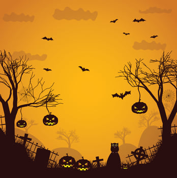 Happy Halloween party poster. Frame, night clouds, pumpkin in paper cut style. Vector illustration. Witch cauldron, spider web, flying ghost bat. Place for text. Brochure layout template background