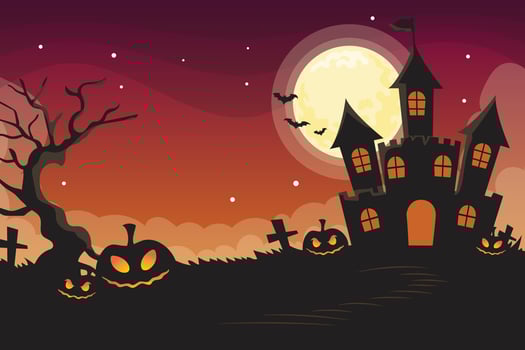 Halloween night background, pumpkins and dark castle. vector illustration.