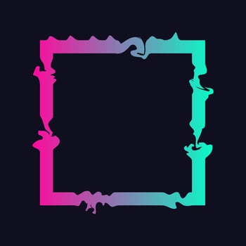 Pink and cyan gradient paint grunge splashes square frame. Squarish logo border vector illustration. Liquid flux effect drop squares.