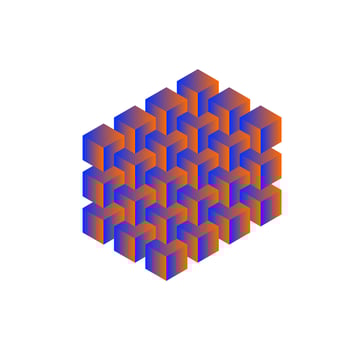 3d orange and blue gradient cube boxes stack. Isometric cubic blocks structure vector illustration. Polygonal geometric stacks puzzle design.