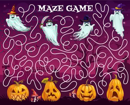 Halloween labyrinth maze cartoon ghost and pumpkin vector