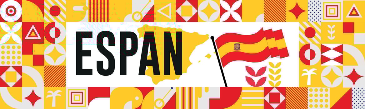 Spanish national day banner design. Spanish flag and map theme with background. Template vector Spanish flag modern design. Abstract geometric retro shapes of red and blue yellow .