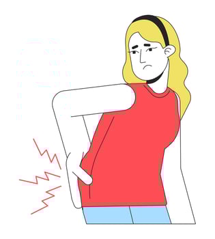 Woman with backache flat line color vector character. Editable outline half body blonde lady on white. Simple cartoon spot illustration for web graphic design