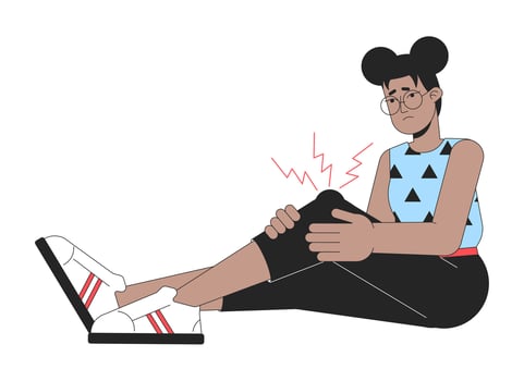 Woman with knees trauma flat line color vector character. Editable outline full body young woman sitting and cover injury on leg on white. Simple cartoon spot illustration for web graphic design