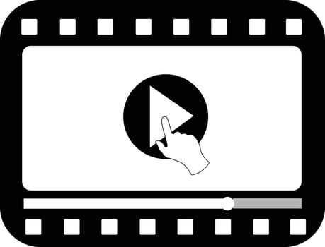 Multimedia video player shape with a hand pressing play button. Filming, broadcasting or video streaming pictogram vector illustration
