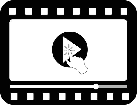 Multimedia video player shape with a hand pressing play button. Filming, broadcasting or video streaming pictogram vector illustration