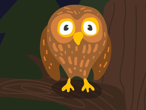 Illustration of a cartoon owl on a tree at night. Forest world with a funny owl. An owl in its usual habitat. Children's illustration, printing for children's books vector