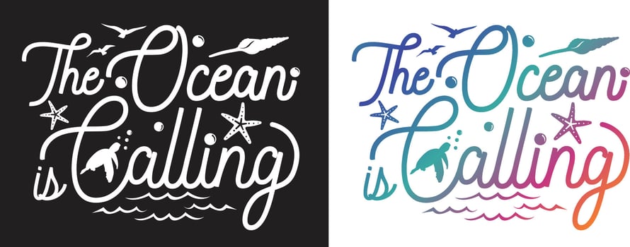 The ocean is calling. Surrounded by Sea animals, waves, and bubbles.Typography lettering design. vector