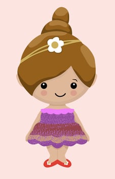 Cute Cartoon Princess beautiful hair, red shoes and purple dress vector