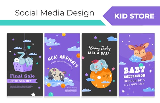 Social media stories set for kid store sale offer vector