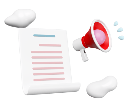3d red megaphone, hand speaker with cloud, checklist paper, clipboard isolated. announce promotion news, recruitment staff, human resources, job search, job application concept, 3d render png