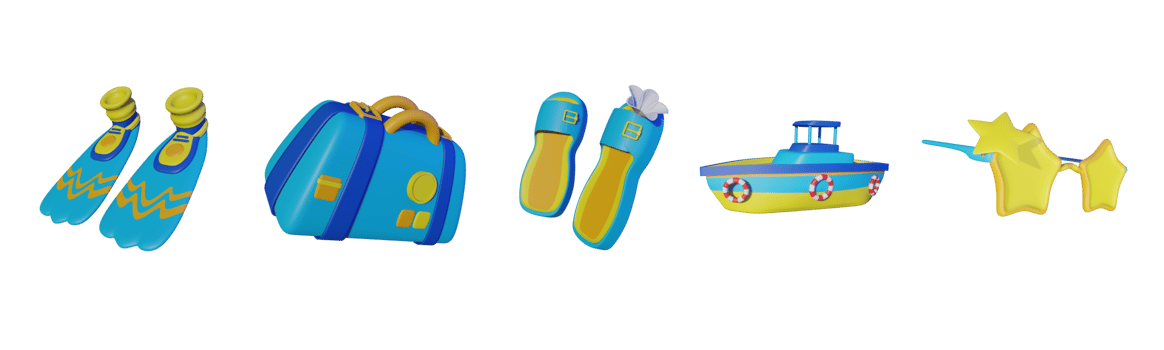 3D icon summer collection rendered isolated on the transparent background. Diving fin, travel baggage, slipper, boat, and sunglasses object for your design. png