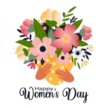 Happy women's day. Bouquet of wild flowers in hands isolated on white background. Floral card for the spring holiday. Vector. vector