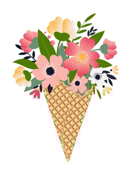 Different summer flowers in a waffle cone isolated on a white background. Cute print for postcards, holiday flyers. Vector. vector