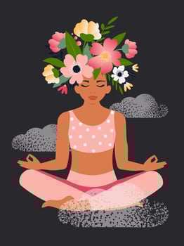 The concept of a free and positive mind, a flowering brain. A beautiful woman with flowers on her head sits in a yoga lotus position and meditates in the clouds. Vector. vector