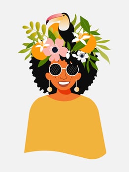 Portrait of a beautiful african american woman in trendy glasses with flowers, oranges and a toucan on her head for interior design, holiday exotic cards. Vector. vector