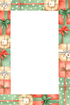 Colorful gift boxes. A frame with space for text. A wreath of gifts. Watercolor illustration. Isolated. For postcards, invitations to the holiday. png