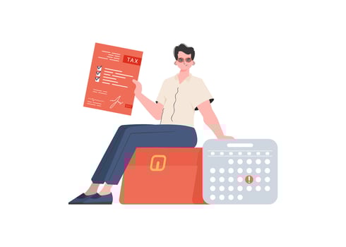 A man sits and holds a calculator and a tax return. Isolated. Element for presentation. vector