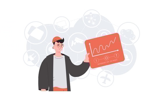 IoT concept. A man holds a panel with analyzers and indicators in his hands. Good for websites and presentations. Trendy flat style. . vector