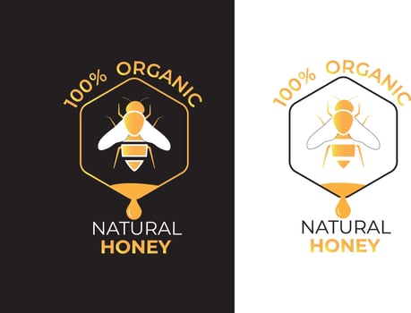 Natural wild raw organic honey logo label concept with bee symbol inside hexagon honeycomb nectar drop sign. Beekeeper farm badge brand identity template. Vector illustration.