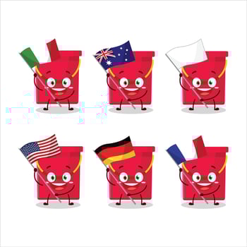 Red bucket cartoon character bring the flags of various countries vector