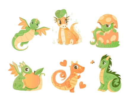 Set of cartoon cute baby dragons characters. vector